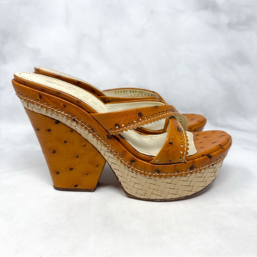 CASADEI Vintage Y2K Ostrich Leather Chunky Platform Wedge Sandal Heels Brown 7